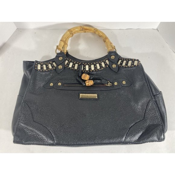 Isabella Fiore Black Beaded & Woven Leather Clutch Handbag With Wooden Handles - Picture 4 of 6